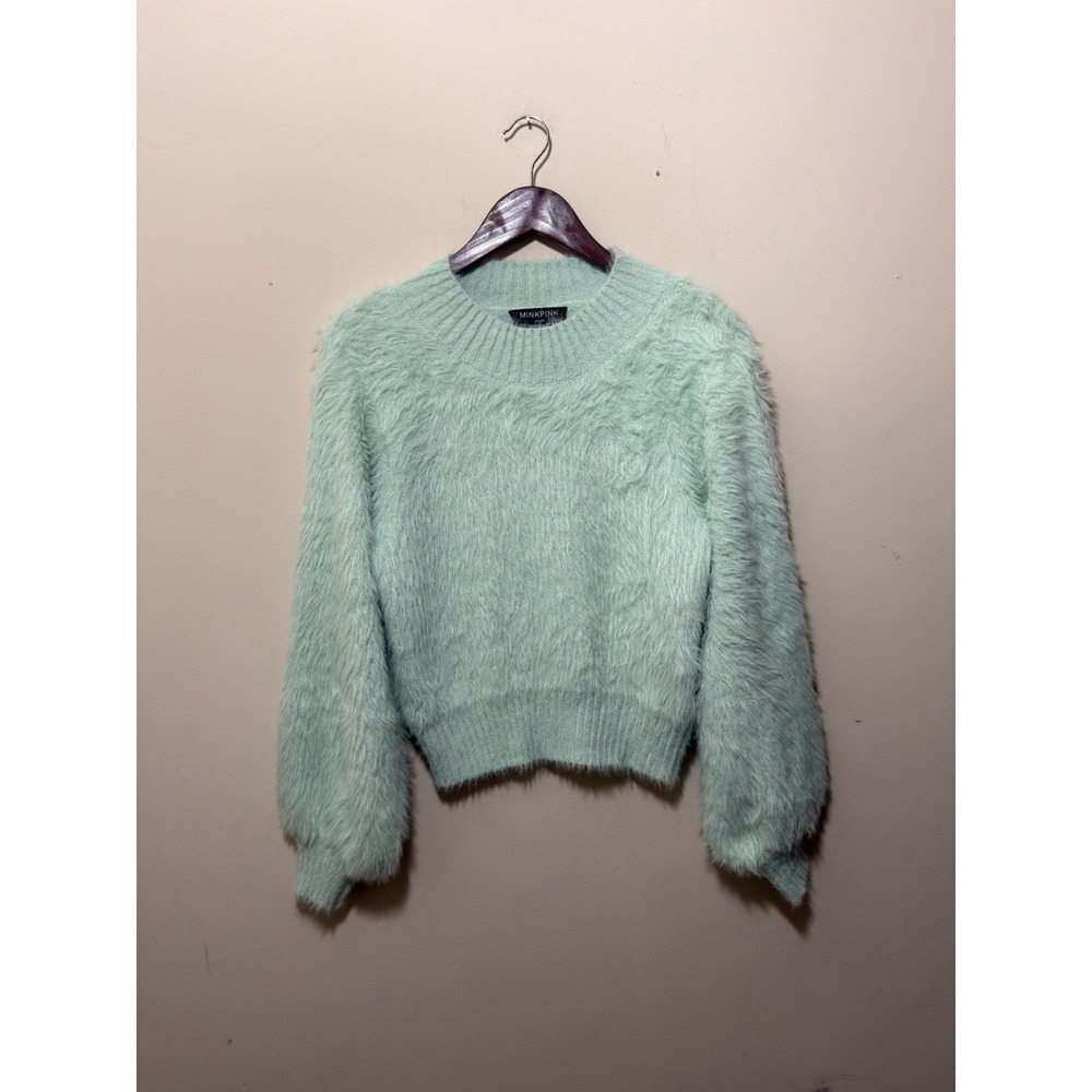 Minkpink Luma Fluffy Crewneck Sweater In Mink Green Size Medium